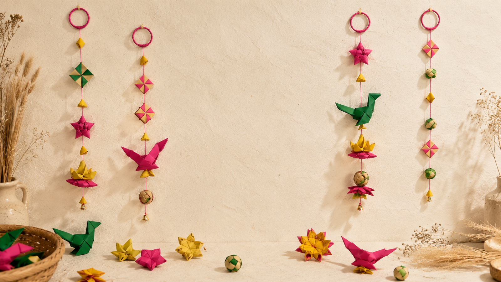 Four finished Parrot Thorans, each with a different length, ornament selection, and arrangement — made from the same kit
