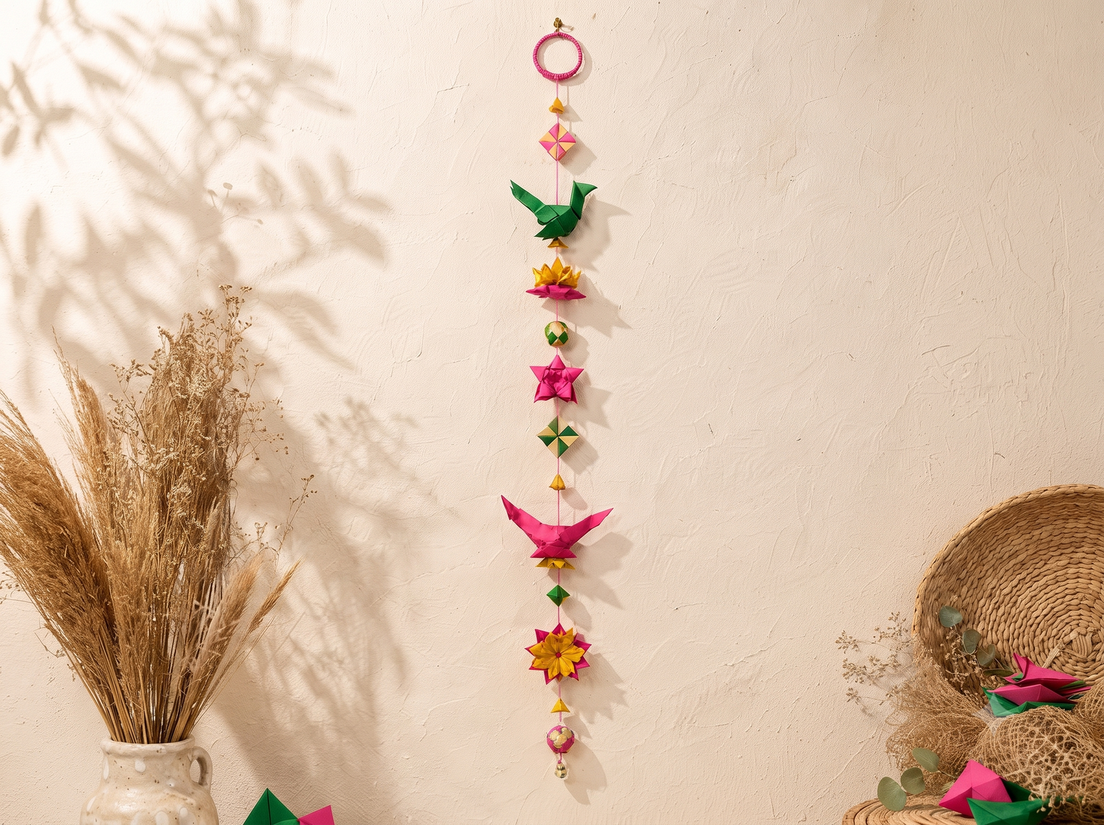 The ring tied at the top of a finished Parrot Thorans, with ornaments hanging below
